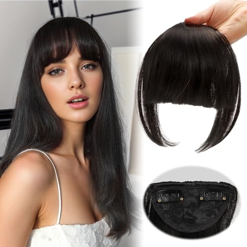 QESSUVNC Bangs Clip Pony Haarteil Hair Extensions Fake Pony Extension,Bangs Clip in pony Real Hair Fringe Bangs,Real Fringe Extensions Pony Clip Bangs Hair Extensions for Women (Natürliches Schwarz)