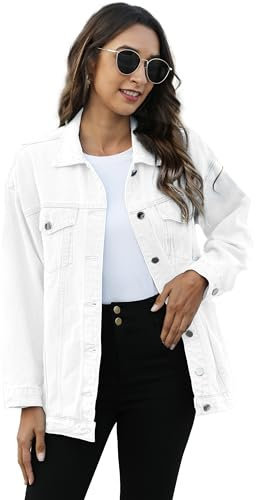 Omoone Women's Oversized Mid Long Denim Jacket Jean Biker Coat, White, M