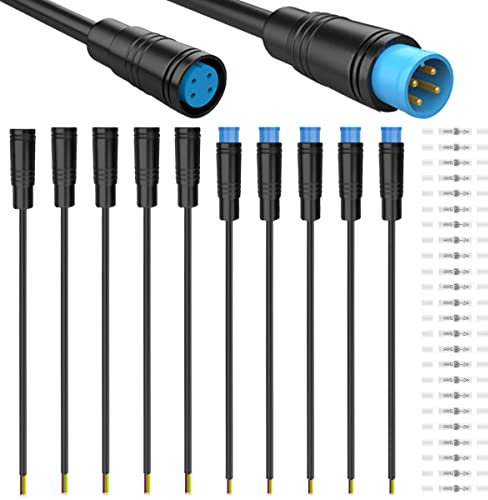 Xiatiaosann 5 Pairs Waterproof Julet 4 Pin Connector Ebike Extension Cable - 20cm Female & Male Plug Wire for Electric Bicycle Light, Throttle, Ebrake, DIY Bike Projects, with 20 Pcs Heat Shrink Tube