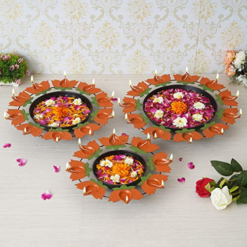 Webelkart Urli-Schüssel-Set mit 3 Lotus Diya Metall-Urli-Topf, Potpourri-Schüssel für Zuhause und Büro, Dekoration, Festival-Geschenk, schwimmende Blumen und Teelichthalter für Vastu, Pooja und
