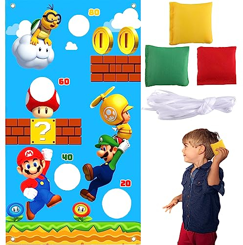 Werfen Spiel Banner, Wurfspiel Outdoor mit 3 Bohnentaschen Super Brother Wurfspiel Kinder, Mar-io Spiele für Draußen Drinnen Geburtstagsparty Garten