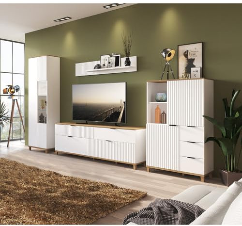 Lomadox Wohnzimmermöbel TV Wohnwand Anbauwand in weiß mit Eiche Nb., B/H/T: ca. 370/208,4/40 cm