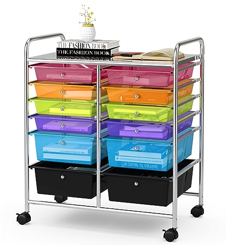 GIANTEX Rollwagen mit 12 Schubladen stapelbar, Schubladenwagen Badrollwagen Küchenwagen mit feststellbaren Rollen, Aufbewahrungswagen Haushaltswagen für Küche Bad Büro 64x38x75 cm (Transparent Bunt)