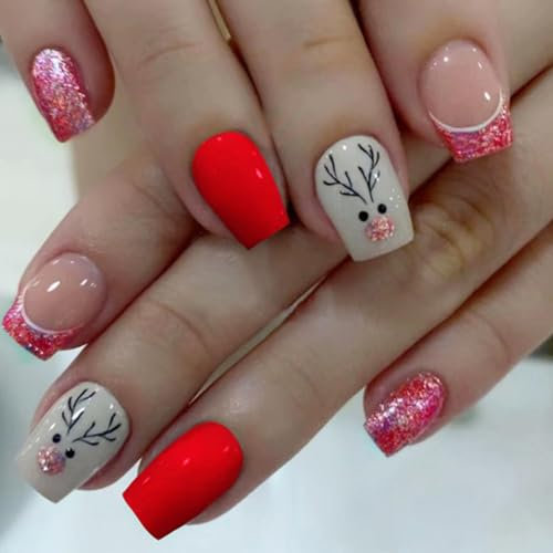 24Pcs Christmas Press on Nails Short Square, French Tips False Nails Red Glitter Glue on Nails with Cute Elk Designs, Removable Artificial Stick on Nail Acrylic Full Cover Fake Nails for Women Girls