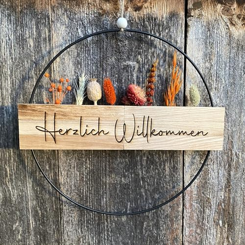Trockenblumenkranz - Türkranz Herzlich Willkommen - Türkranz Trockenblumen - Türkranz personalisiert - Willkommensschild - (Trockenblumen Orange)