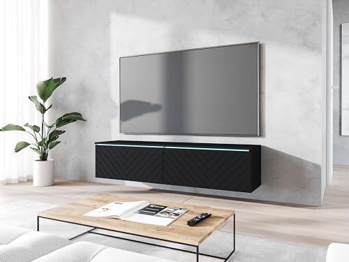 MINIO go for it TV Schrank Donna, Breite 140 cm, TV Lowboard, Stehend oder Hängend, Fernsehschrank für das Wohnzimmer, Laminierte Spannplatte, Graphit Schwarz/Herringbone Muster - LED Beleuchtung
