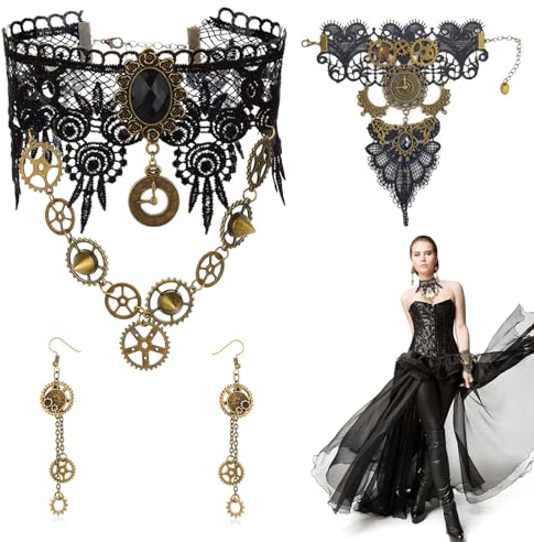 Forhome Steampunk Accessoires 3Pcs Gotisch Choker Halskette Armbänder Schmuck Victorian Steampunk Vintage Halsband Gothic Damen Alskette Spitze Armbänder Steampunk Ohrringe Für Halloween Karneval