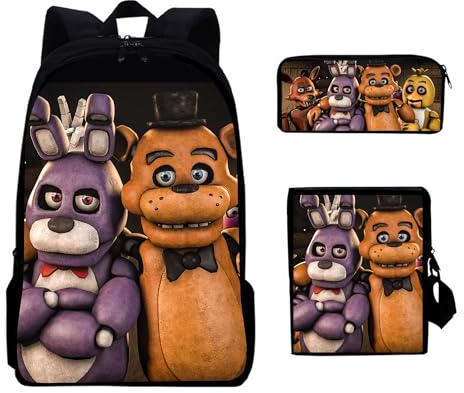 SPSMOKH FNAF Rucksack, 3-teiliges Set, Studentenrucksäcke, Freddy/Chica/Foxy/Bonnie Rucksäcke, Jungen und Mädchen, Rucksack mit großer Kapazität (4, 40 x 30 x 13 cm), mehrfarbig, 40*30*13CM