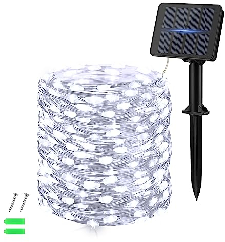 Dalugo Solar Lichterkette Aussen, 120 LED 12M Kaltweiß Lichterkette Außen Solar Kupferdraht, Solarlichterkette Außen Wetterfest für Garten, Hof, Baum, Party, Geburtstag, Hochzeit, Weihnachten