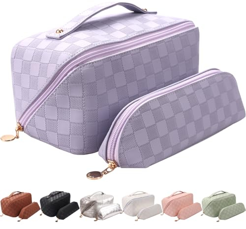 Abiudeng Kosmetiktasche Set,Kulturbeutel-Damen,Kulturtasche,Reise Make up Tasche,Kosmetiktasche,Groß Makeup Bag,Wasserdicht Schminktasche mit Fächern,PU Leder für Frauen,2 Pcs-B-Lila