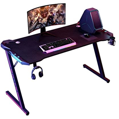 BELWEIS Gaming-Schreibtisch mit LED-Leuchten, Z-förmiger Gamer-Schreibtisch mit Karbonfaseroberfläche, PC-Laptop-Gamer-Tisch-Workstation mit Getränkehalter, Kopfhörerhaken, L 140 cm