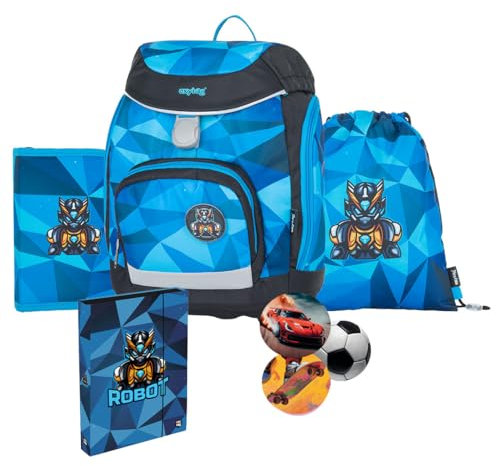 OXY BAG Schulranzen 5 Teilig Robot Ergonomischer Schulrucksack Set Federmappe Turnbeutel & Austauschbaren Patches Leicht Schulset Mädchen Reflektierenden Schultasche für 1. - 3. Klasse Back to School
