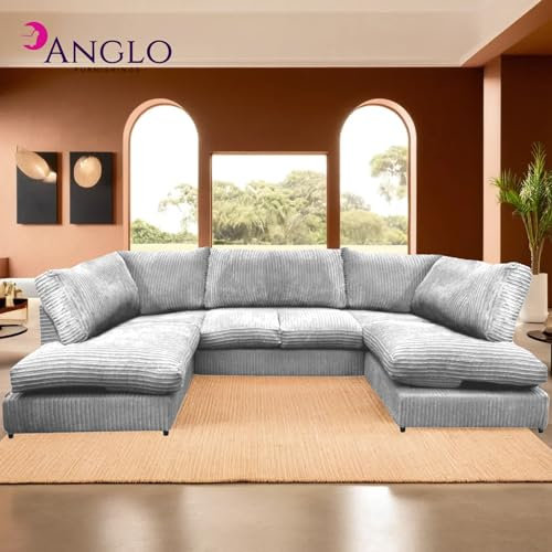 Jumbo U Shaped Sofa – Comfy Back Cushion Corner Sofa Bed with Memory Foam Seating - Couches for Living Room, Bedroom, Office (Silver Full Back)