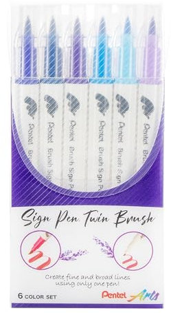 Pentel Arts Sign Pen Twin Brush, Pack of 6 Pens, Blue Hues (SESW30CPC6-2)