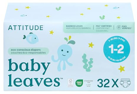 ATTITUDE Eco-Conscious Disposable Diapers, EWG Verified, Size 1/2 (7-17 lbs), Ultra Absorbent for Baby, Vegan & Plant-Based, 32 Count
