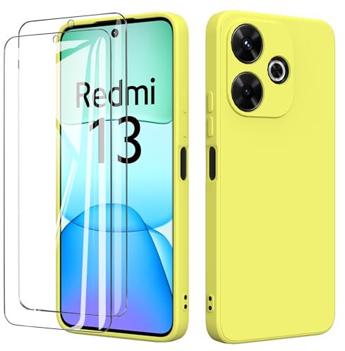 binandteam Funda para Xiaomi Redmi 13 4G con 2 Protector de Pantalla,Ultra Slim Protectora Carcasa de Silicona Líquida TPU Anti-Choque Suave Case Cover - Amarillo