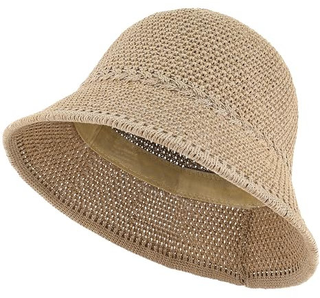 EINSKEY Women's Crochet Bucket Hat, Faux Straw Weaving Sun Hat Packable Mesh Woven Soft Lightweight Beach Hat for Spring Summer Fall Camel
