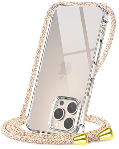 CAROKI Crossbody Case for iPhone 16 Pro Max,Necklace Mobile Phone Cover with Cord Strap Clear Transparent TPU Soft iPhone 16 Pro Max Cover Holder with Neck Cord Lanyard Strap-Rainbow