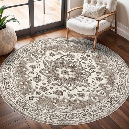 TOPRUUG Waschbarer orientalischer Teppich - 183 cm runde Teppiche für Wohnzimmer, weicher Teppich für Schlafzimmer, wasserdicht, Blumenmuster, Used-Look, für Innenbereich, schmutzabweisend, fusselfrei