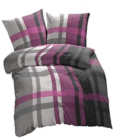 etérea, biancheria da letto in microfibra, 135 x 200 cm, set da 2 pezzi, copripiumino per tutto l'anno, Urban Check a quadri, con cuscino da 135 x 200 cm + cuscino da 80 x 80 cm, colore: viola