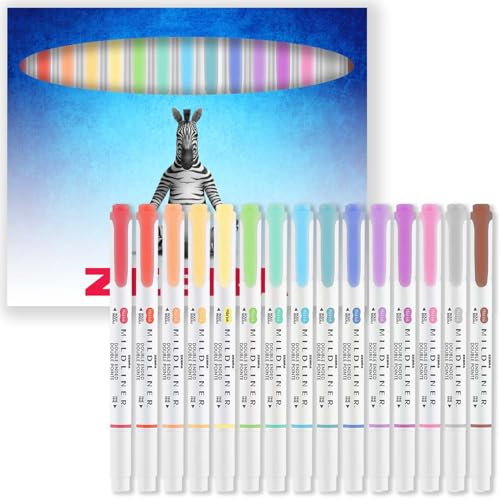 Zebra Pen Mildliner Dual Tip Highlighter Pens - Broad & Fine Tip Double Ended Markers - Pack of Colours in Cardboard Gift Box - Acid-Free & Non Toxic Ink (15 Pack)