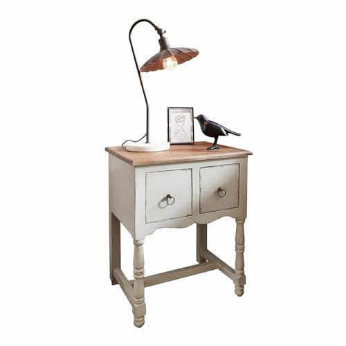 Loberon Nachttisch Stafford, Korpus mit Shabby-Anmutung, Zwei Schubladen, handgedrechselte Beine, Nachtkästchen, Nachtschrank, Mangoholz, Messing, antikweiß/braun