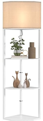 HOMCOM Corner Floor Lamp with Shelves, Modern Tall Standing Lamp with Chain Switch for Living Room, Bedroom, Bulb Not Included, White