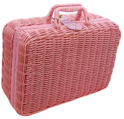 FytStycale Gewebter Koffer, handgewebter Aufbewahrungskoffer, Picknickkorb, Aufbewahrungskorb aus Rattanimitat für Ausflüge, Pink S