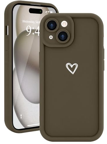 Micoden for iPhone 15 Case Cute Girls Silicone Shockproof Protective Bumper Case with Love Heart Pattern Design for iPhone 15-Brown