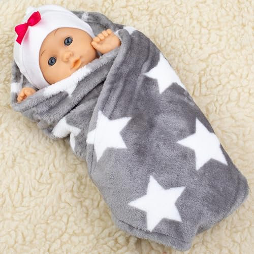 PinkZebra Puppendecke für Puppenbett, Decke 40 x 50 cm für Puppenwagen, weiche Decke für Kuscheltiere & Puppen von 28 bis 48 cm, kuschelige Überwurfdecke, Fleecedecke flauschig, Sterne
