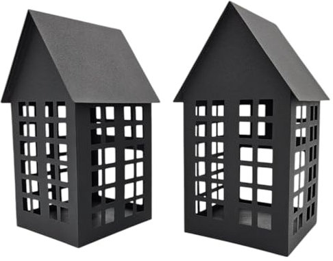 Windlicht Metall Haus schwarz 2er Set Teelichthalter Deko Laternenhaus 21 cm Kerzenhaus Teelichthaus Lichterhaus