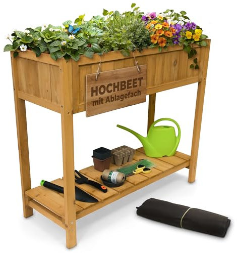 STREND PRO Hochbeet Balkon | 76cm(h) x 33cm(b) x 89(l) | Gemüsebeet Holz mit Ablage & wasserdichter Pflanzfolie | Kleines Hochbeet Schmales ideal für Balkon, Terrasse & Garten | Kräuterbeet