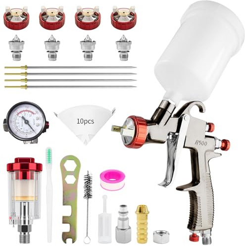 Pistola a spruzzo R500 LVLP per verniciatura ad aria compressa con 4 ugelli da 1,3/1,5/1,7/2,0 mm, per auto e casa, pittura fai da te, con accessori a spruzzo di vernice, facile da usare