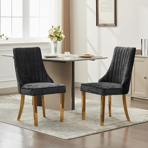 HAUSPROFI Esszimmerstühle 2er Set, Sessel Esszimmer mit Dickem Gepolsterter Sitz, Goldenen Edelstahlbeinen, für Küche, Wohnzimmer, Schlafzimmer (Schwarz)