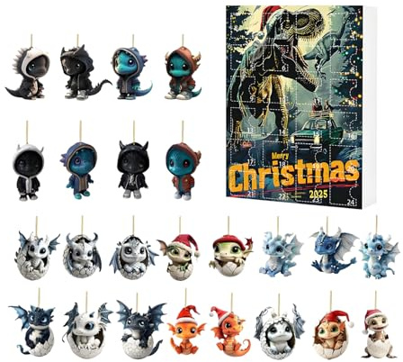 Fenayuu Weihnachtsdrache Countdown - Niedlich 2D Drache Advent Weihnachtskalender,24 Tage Acryl Deko Mit Figuren Für Schreibtisch Wand Baum Büro Familie Jugend Kinder Erwachsene