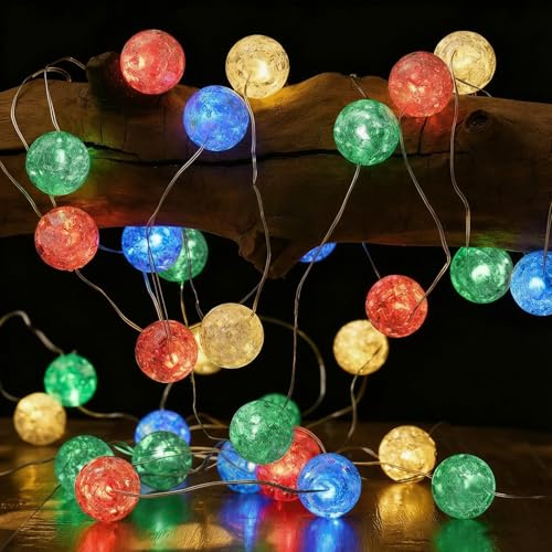 Bunt Kristall Kugeln Lichterkette mit Timer, 1M 10 LED Lichterkette Kugeln Batterie, Micro Kupferdraht Crackle Kugel Lichterketten Innen, Kugellichterkette für Geburtstag,Schlafzimmer,Weihnachten Deko
