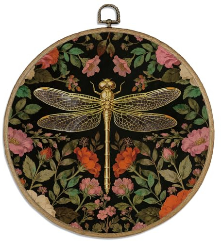 DELORIGIN Goldene Libelle Gerahmtes Wandbild 10 Vintage Blumen Rundbild Mit Retro Haken Kunstdruck Zum Aufhängen Für Wohnzimmer Flur Treppenhaus
