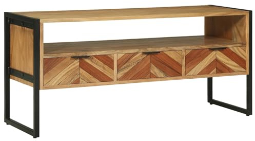 Boltkex Meuble TV marron en bois massif d'acacia 100 x 35 x 50 cm avec 3 tiroirs Meuble TV pour salon, banc TV pour récepteur, home cinéma et ordre