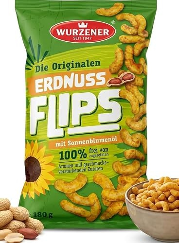 Wurzener 180g Original Erdnußflips - Erdnuss-Snack mit Sonnenblumenöl | Knusprige Erdnussflips vegan & ohne Aromen, inkl. DDR Kochbuch & Geschenkkarte, traditioneller Snack aus Deutschland