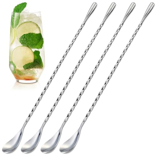 4 Pcs Bar Spoon Cocktail Mixing – Stirs Deep Glasses All the Way to the Bottom, Even Mixing & Easy Drink Layering – 12'' Long Balanced Stainless Steel Cocktail Stirrers for Drinks with Twisted Handle