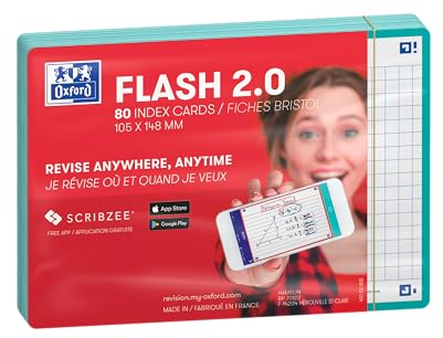Oxford Flash 2.0 - 80 Fiches Bristol Flash Cards A6 (10,5 x 14,8cm) Petits Carreaux Cadre Vert Menthe