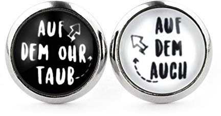 SCHMUCKZUCKER Damen Herren Unixex Ohrstecker Spruch Motiv Auf dem Ohr taub Witzige Edelstahl Ohrringe Silber Schmuck Damen Schwarz & Weiß 12mm