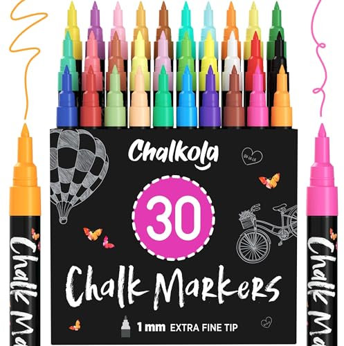 Extra Fine Tip Liquid Chalk Pens (30 Pack 1mm) Pastel + Neon Chalk Pens - Erasable Dry Erase Marker for Chalkboard, Blackboards, Window, Bistro