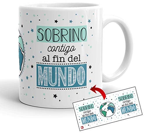 Kembilove Taza el Mejor Sobrino del Mundo – Taza con Mensaje Sobrino contigo al Fin del Mundo – Regalo Hermana Original – Regalos Originales para cuñados – Tazas Originales para Familiares