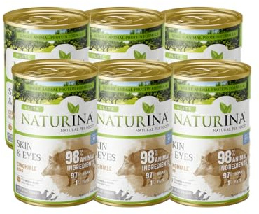 NATURINA - Elite Umido Skin&Eyes per Cani Adulti Cinghiale con Mirtilli Rossi e Ribes, Senza Grano, per Pelo Brillante e Benessere degli Occhi, per Tutte le Taglie, Made in Italy, 6 Lattine da 400g