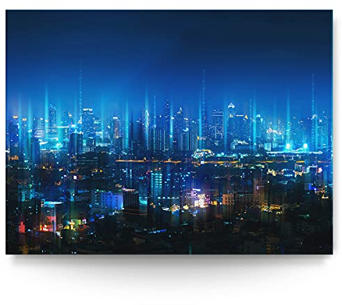 BilderKing Wandbild Skyline Cyberpunk City - 200cm x 150cm Leinwand auf 4cm Keilrahmen