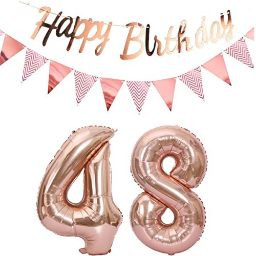 Luftballons 48.geburtstag deko frauen rosegold+Happy Birthday Girlande +Wimpelkette 40Zahlen Ballon 48 Luftballons 48 Jahre Geburtstag Dekoration frau Geburtstagdeko 48 Geburtstag deko rosegold(48)