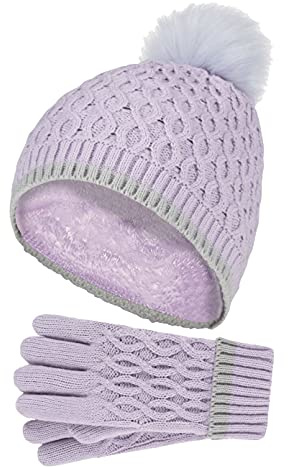 HEAT HOLDERS - Mädchen Kinder StrickMütze Bommel Pompom und Strickhandschuhe Set (7-10 Jahre, Lavendel Frost)