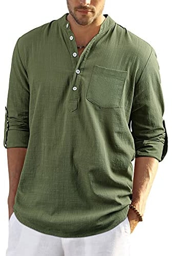 Enlision Mens T Shirt Cotton Linen Autumn Long Sleeve Collarless Grandad Button Down Causal ArmyGreen Henley Yoga Top L
