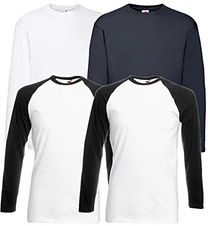 Fruit of the Loom 4 T Shirt Longsleeve Baseball T M L XL XXL Langarm (3XL, 2 Base Whiteblack + 1LS Weiss + 1LS Deep Navy + 1 HLKauf Notizblock)